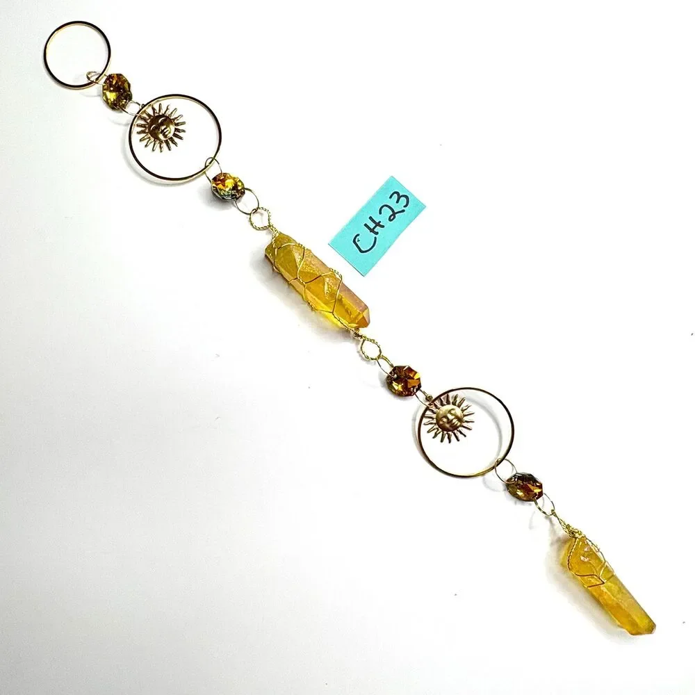 Yellow Aura Quartz Wall Hanging Gold Sun face Circle Frame  Amber Crystal Beads